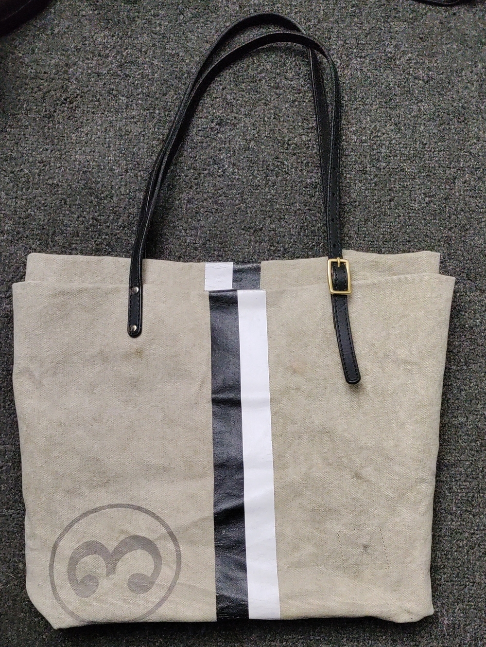 Neutral Canvas Tote with Black & White Center Stripe